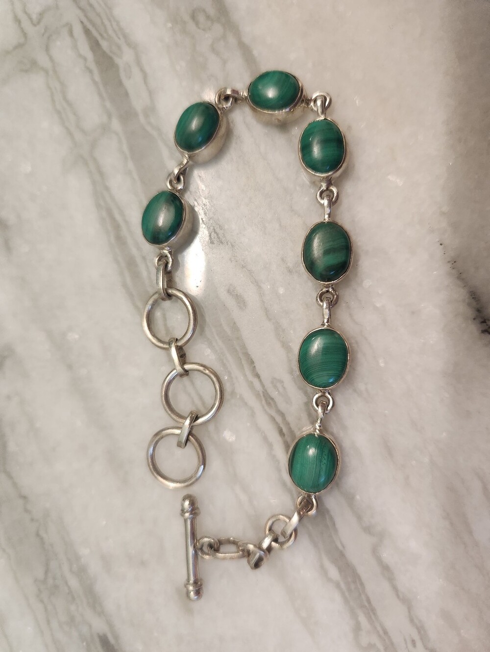 Green Malachite Oval Stone Silver Link Bracelet, 925 Sterling,  Adjustable